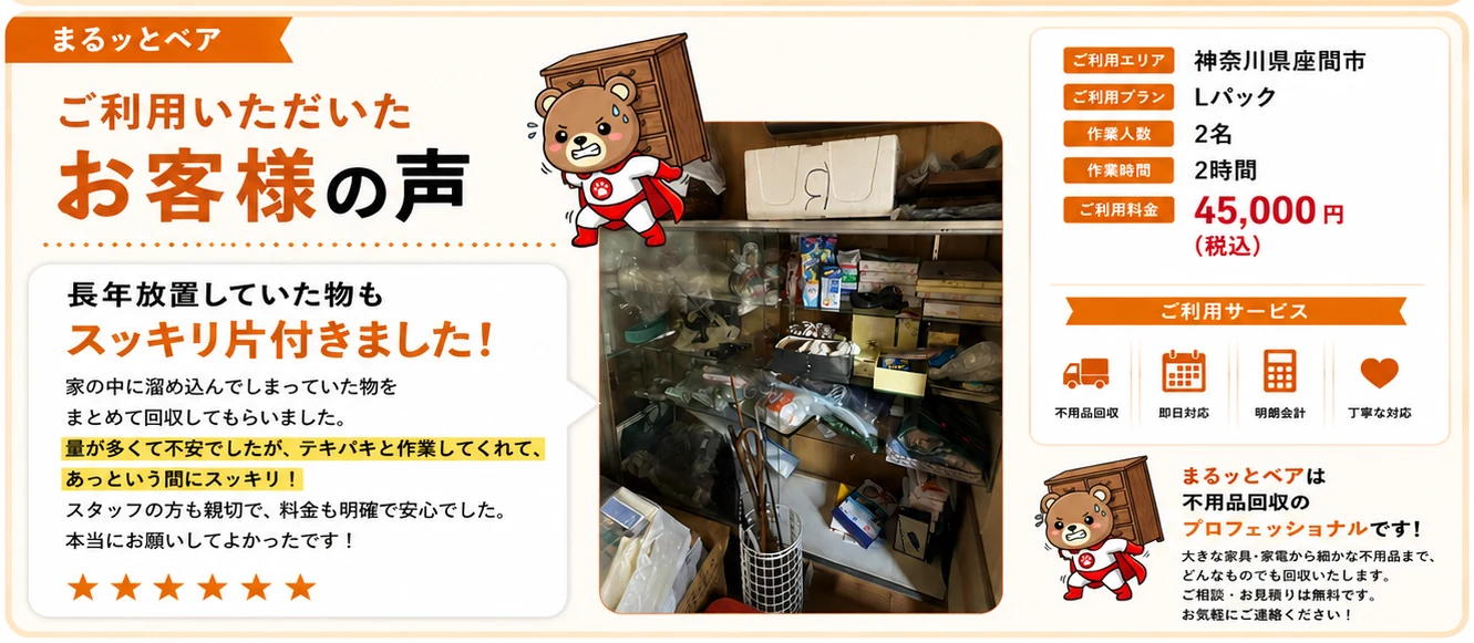 お客様の声 神奈川県座間市 Lパック 作業2名 2時間 45,000円（税込）長年放置していた物もスッキリ片付きました