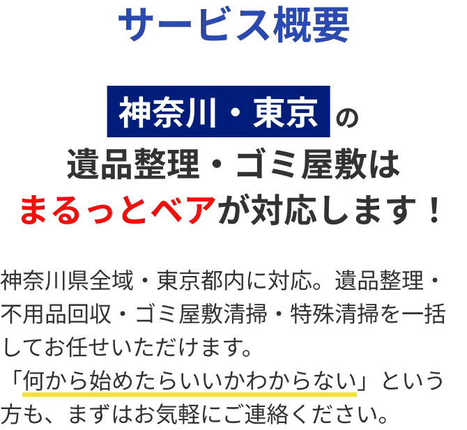 サービス概要 神奈川・東京の遺品整理・ゴミ屋敷はまるっとベアが対応します！
